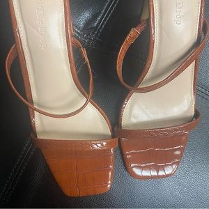 The Drop Women Crocodile Embossed square toe Heeled Mule Sandals, Summer Sandal